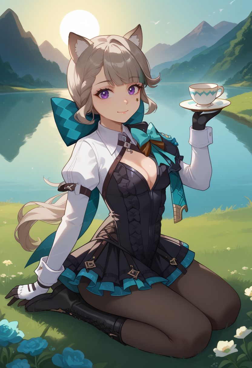 score_9, score_8_up, score_7_up, source_anime, 1girl, lynettedef, purple eyes, grey hair, long hair, braid, small breasts, animal ears, animal ear fluff, cat girl, star (symbol), cat tail, hair bow, aqua bow, long sleeves, puffy sleeves, frills, black leotard, backless outfit, cleavage, black gloves, black pantyhose, black footwear, boots, light smile, closed mouth, holding cup, teacup, kneeling, waving, looking at viewer, outdoors, lake, grass, sun, <lora:Lynette_v1-000010:1>