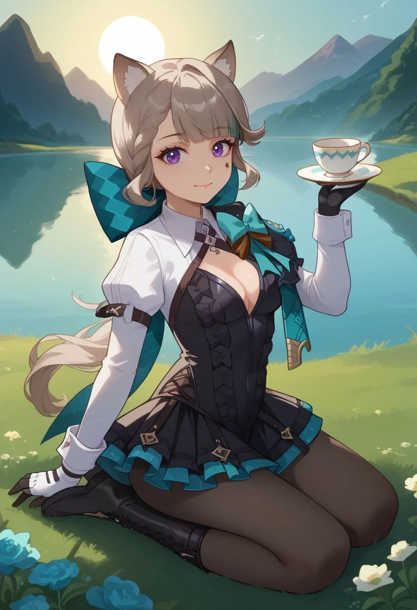 score_9, score_8_up, score_7_up, source_anime, 1girl, lynettedef, purple eyes, grey hair, long hair, braid, small breasts, animal ears, animal ear fluff, cat girl, star (symbol), cat tail, hair bow, aqua bow, long sleeves, puffy sleeves, frills, black leotard, backless outfit, cleavage, black gloves, black pantyhose, black footwear, boots, light smile, closed mouth, holding cup, teacup, kneeling, waving, looking at viewer, outdoors, lake, grass, sun, <lora:Lynette_v1-000010:1>