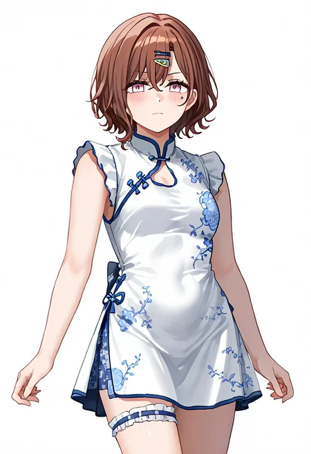 score 9,score 8 up,score 7 up, source_anime, simple background, white background,1girl, solo, higuchi madoka, purple eyes, short hair, brown hair, hairpin, blush, looking at viewer, closed mouth,jyojifuku, china dress, thighs, garter ring,
