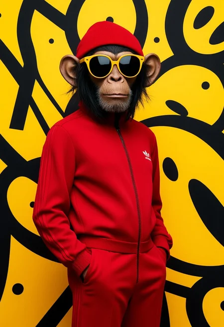 hyperrealistic full-body shot of a chimp with yellow sunglasses wearing a red Adidas-style tracksuit and a red beanie. the background is graffiti shapes in a yellow and black color scheme