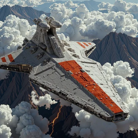 A colossal Venator-class Star Destroyer hovers silently within the upper atmosphere of an alien world. Its immense, wedge-shaped hull cuts through thick clouds, painted in the Republic’s signature crimson and gray. The surface is layered with dense, overlapping armor plates, exposed maintenance panels, and long rows of turbolaser turrets that sit idle across its flanks. Towering dual bridges rise from the dorsal ridge, framed against the glowing curvature of the planet below.
Beneath the ship, the planet’s surface stretches into a wide expanse of alien terrain, cloaked in mist and broken by rugged mountain ranges and glowing rivers of lava. Sunlight pierces through the atmosphere at an angle, casting long shadows along the hull and catching on the edge of the bridge towers. Wisps of vapor cling to the lower hull as the destroyer looms just above the cloudline, the weight of its presence felt in the silent tension of the scene. The surrounding sky glows with warm amber light, faded blue clouds, and traces of high-altitude turbulence — a surreal and cinematic moment of calm in a galaxy at war.