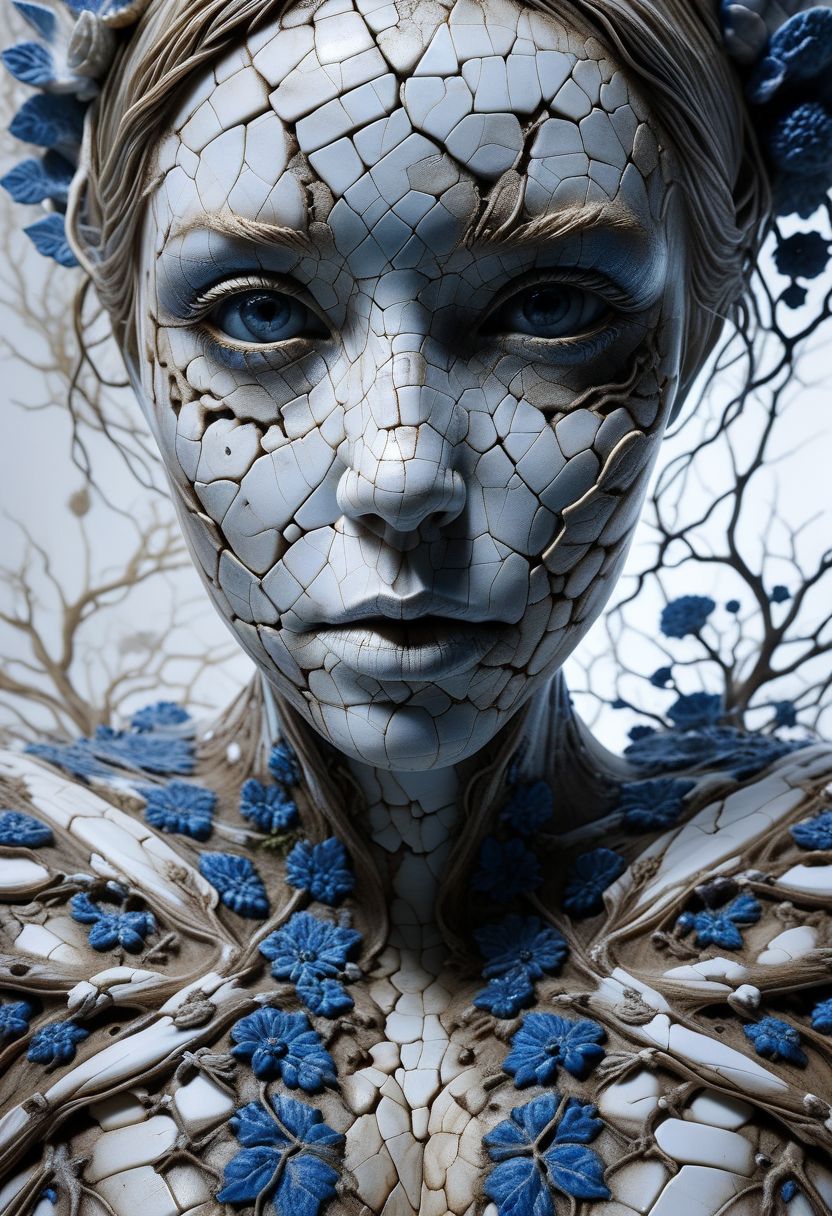 Close-up porcelain face, mysterious silhouette of a porcelain woman in worn down porcelain clothing, white and blue porcelain, alluring goddess, by Minjae Lee, Carne Griffiths, Emily Kell, Steve McCurry, Geoffroy Thoorens, Aaron Horkey, Jordan Grimmer, Greg Rutkowski, amazing depth, double exposure, surreal, geometric patterns, intricately detailed, bokeh,  perfect balanced, deep fine borders, artistic photorealism , smooth,  great masterwork by Suiras  <lora:add-detail-xl:2>  <lora:Double_Exposure:0.5>