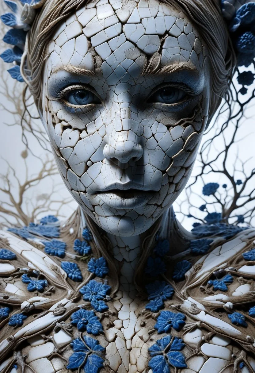 Close-up porcelain face, mysterious silhouette of a porcelain woman in worn down porcelain clothing, white and blue porcelain, alluring goddess, by Minjae Lee, Carne Griffiths, Emily Kell, Steve McCurry, Geoffroy Thoorens, Aaron Horkey, Jordan Grimmer, Greg Rutkowski, amazing depth, double exposure, surreal, geometric patterns, intricately detailed, bokeh, perfect balanced, deep fine borders, artistic photorealism , smooth, great masterwork by Suiras <lora:add-detail-xl:2> <lora:Double_Exposure:0.5>
