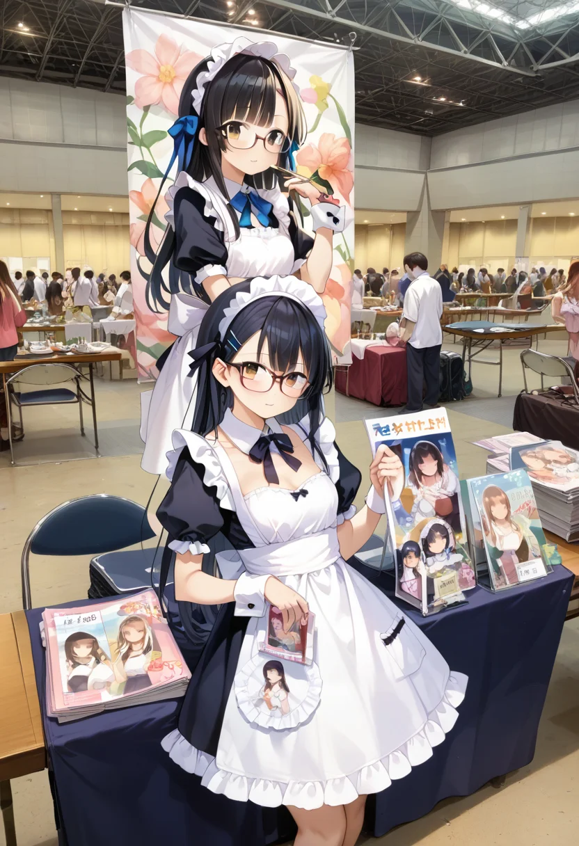 score_9, score_8_up, score_7_up, rating_safe, masterpiece, best quality, absurdres, unity 8k wallpaper, official art, official style, source_anime, uncensored, game cg, megami magazine,
1girl, glasses, long hair, black hair, maid, maid apron, short sleeves, looking at viewer,
ccs, table, chair, book, multiple girls, indoors, poster (object), photo background
<lora:comiket_circle_space_PONY_V1:1>