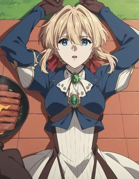 score_9, score_8_up, score_7_up, source_anime, <lora:violet-evergarden-s1-ponyxl-lora-nochekaiser:1>, violet evergarden, blonde hair, blue eyes, hair ribbon, ribbon, short hair, braids, hair braids, red ribbon, mature female, medium breasts,, blue jacket, brown gloves, cropped jacket, dress, gloves, green brooch, jacket, juliet sleeves, long sleeves, puffy sleeves, white dress,, backyard, barbecue, grilling, laughter, summer evening, , on back, arm support, arms up, incoming hug, pov, reaching, reaching towards viewer,, looking at viewer, solo,, dutch angle, cowboy shot
