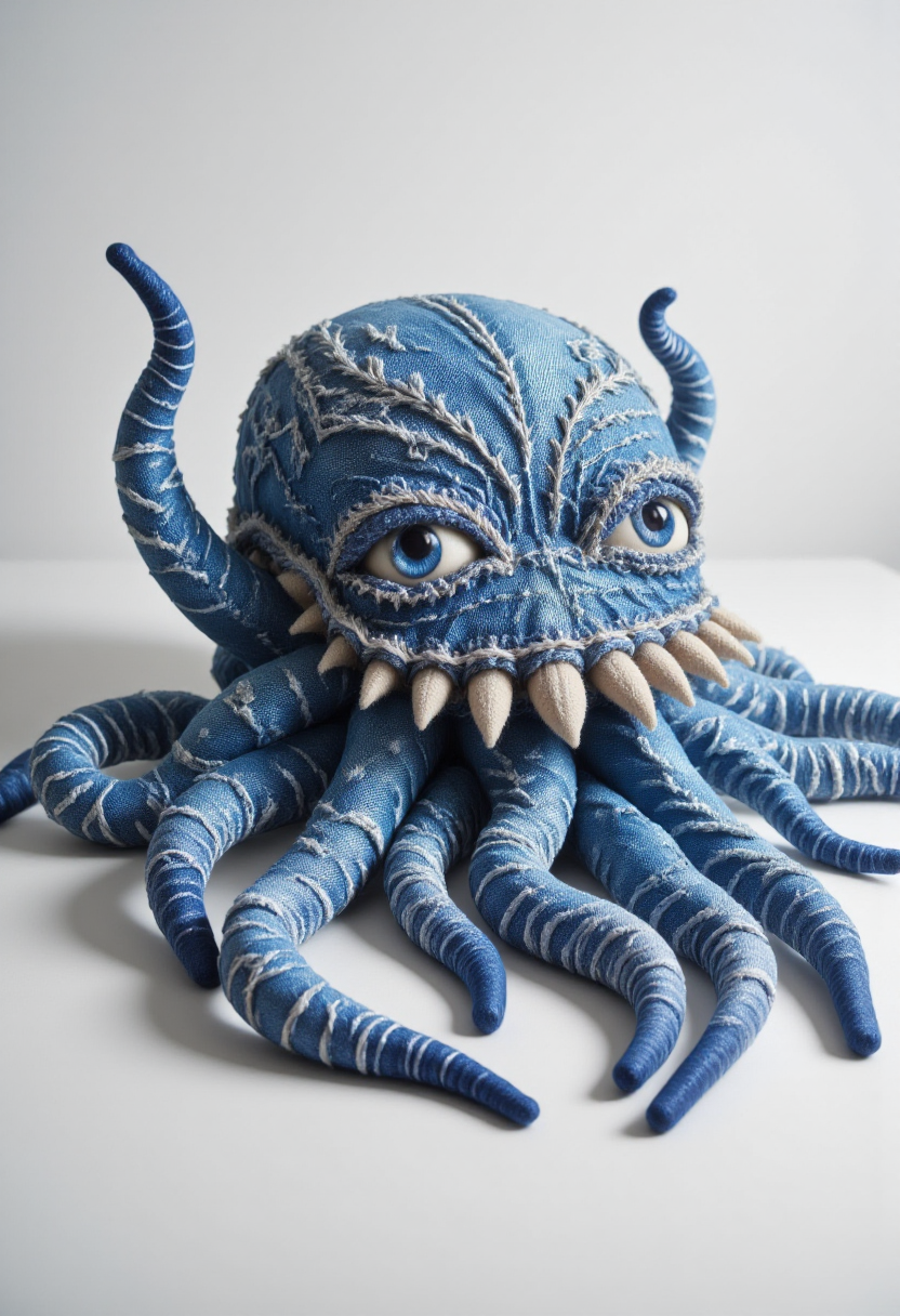 <lora:Denim_Dreamer_FLUX-000021:0.9><lora:Ultros_-_Final_Fantasy_FLUX:0.8>
The image is a photograph showcasing a plush toy 8-tentacled octopus designed to resemble a blue, denim-like fabric with a distressed, worn appearance.