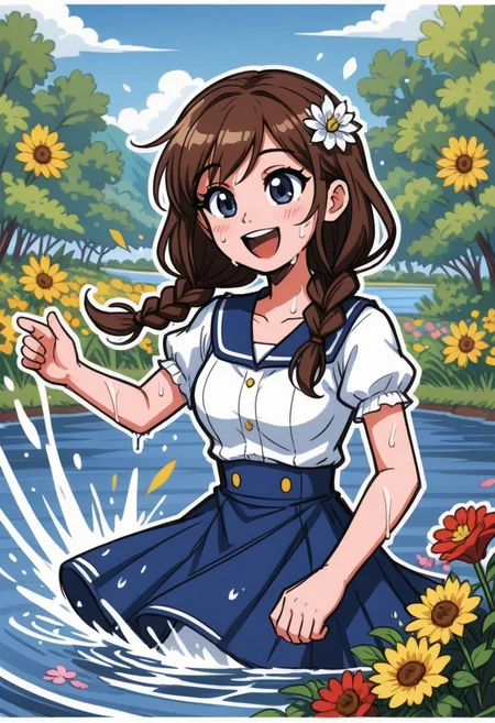 happy girl, fun, braids, hair, flowers, river, jump, wet splash, white outline, best quality, masterpiece, sketch