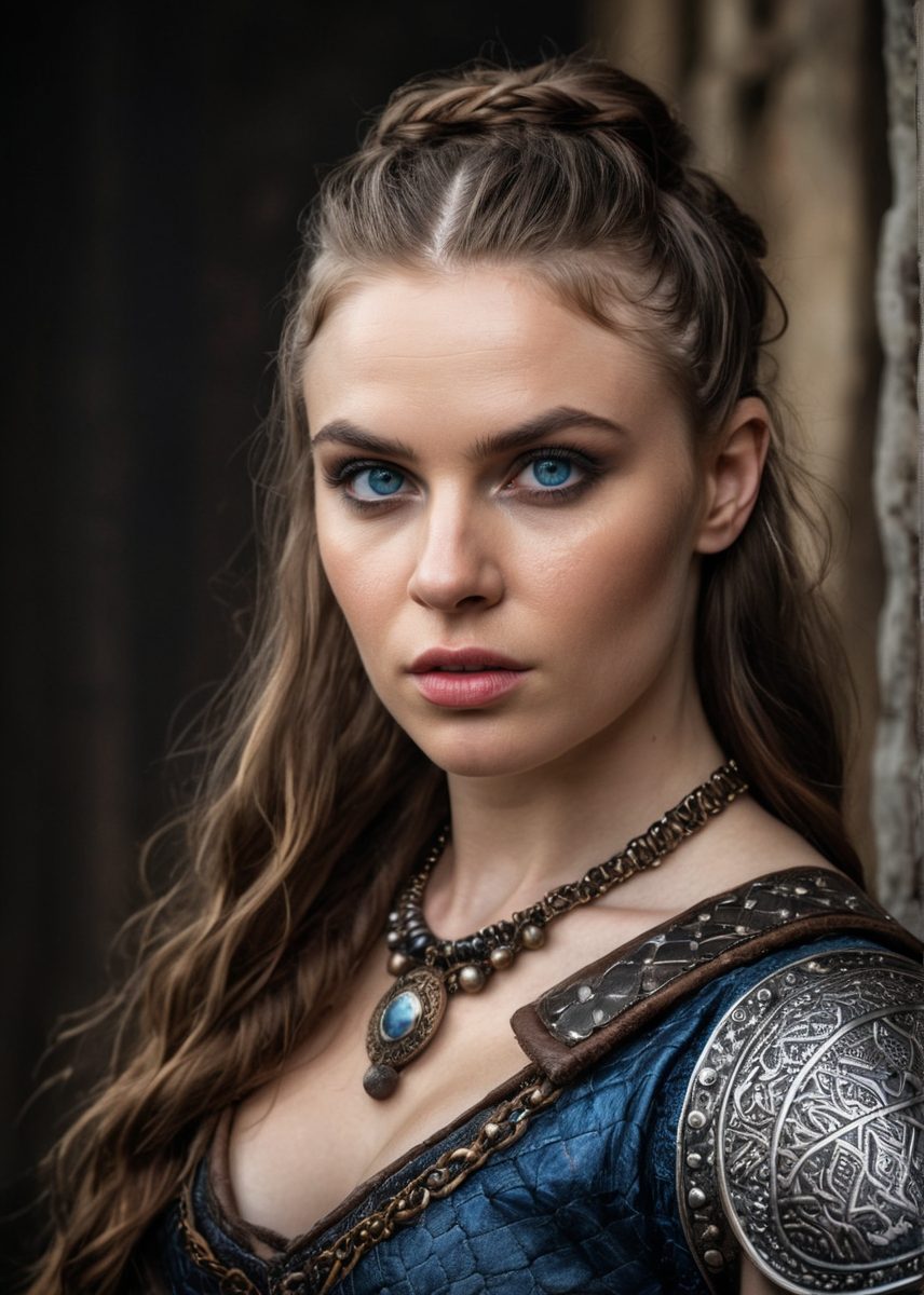 hyperrealistic, glamorous photo, masterpiece, dramatic angle, best quality,
Britain, Judith from the TV series Vikings, Jennie Jacques, 30yo, dark hair, beautiful face, round face, cute face, long hair, dark hair, blue eyes, curvy, large breasts,, dirty skin, detailed outfit, warrior pose, detailed background from the Viking TV series, high fashion, luxurious, extravagant, stylish, sensual, opulent, elegance,
professional, high contrast, bright colors, best lighting, intricate details, (high quality texture), (sharp), (artistic image), 8K, detailed, dynamic, depth of field,