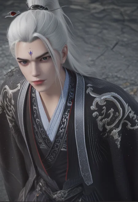 cowboy shot, score_9, score_8_up, wanglin, 1boy, solo, white hair, ponytail, extremely detailed face, focus on eyes, cinematic focus and light, 16k, 32k, looking at viewer, flirty, soft lighting to cast gentle shadows on the subject, out, vibrant colors, perfect lighting, (masterpiece: 2), best quality, ultra highres, original, extremely detailed
