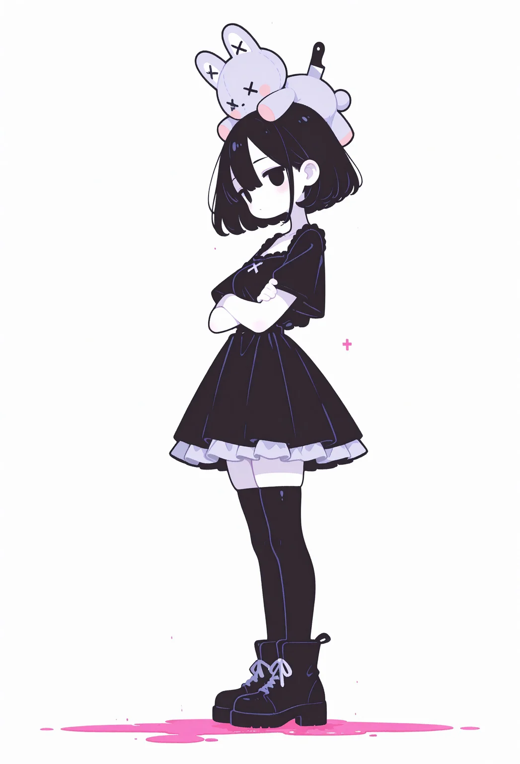 incredibly absurdres, highres, masterpiece, newest,best quality, very aesthetic, absurdres, newest, 8k, HDR, focused subject, oc-chan_(ketopon), 1girl, solo, black hair, bob cut, hair between eyes, black eyes, solid eyes, expressionless, standing, head down, from side, profile, foreshortening, looking at viewer, crossed arms, pale skin, goth fashion, frilled dress, square neckline, black thighhighs, zettai ryouiki, ankle boots, stuffed animal with knife in head, x x, death, pink blood puddle, full body, monochrome, solid white background, no lineart, no outline,minimalism, blending, 15546+456868, r17329_illu,flatline,sometyome_illu,
