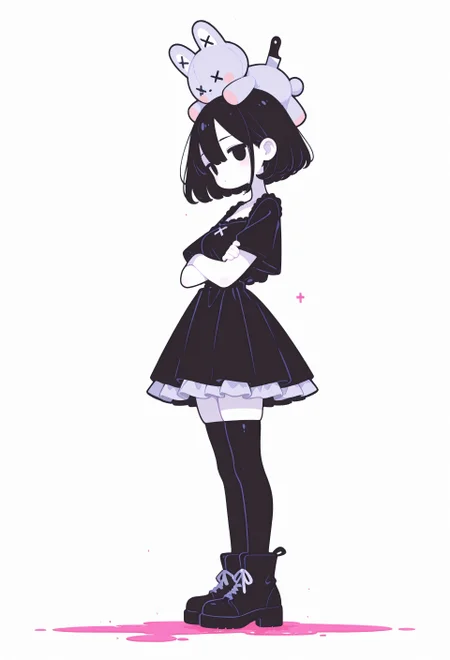 incredibly absurdres, highres, masterpiece, newest,best quality, very aesthetic, absurdres, newest, 8k, HDR, focused subject, oc-chan_(ketopon), 1girl, solo, black hair, bob cut, hair between eyes, black eyes, solid eyes, expressionless, standing, head down, from side, profile, foreshortening, looking at viewer, crossed arms, pale skin, goth fashion, frilled dress, square neckline, black thighhighs, zettai ryouiki, ankle boots, stuffed animal with knife in head, x x, death, pink blood puddle, full body, monochrome, solid white background, no lineart, no outline,minimalism, blending, 15546+456868, r17329_illu,flatline,sometyome_illu,