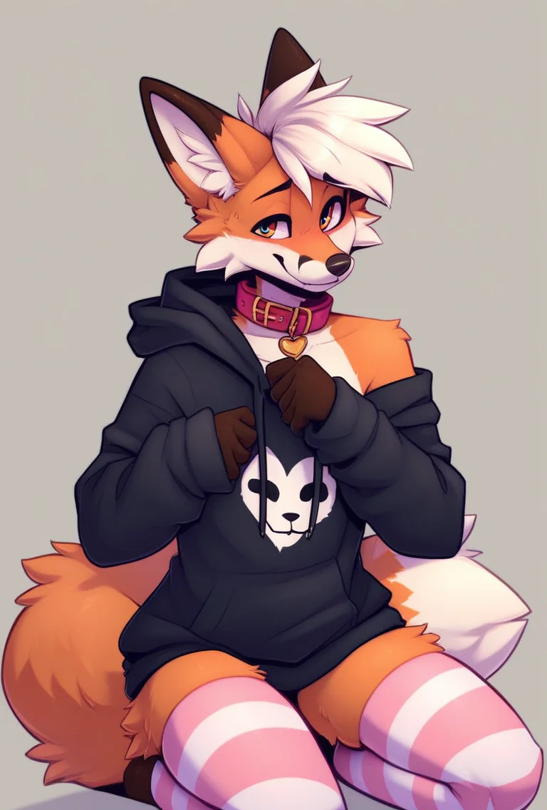 femboy fox, collar, striped stockings, hoodie, exposed shoulder, zPDXL <lora:Femboy-000003:1>