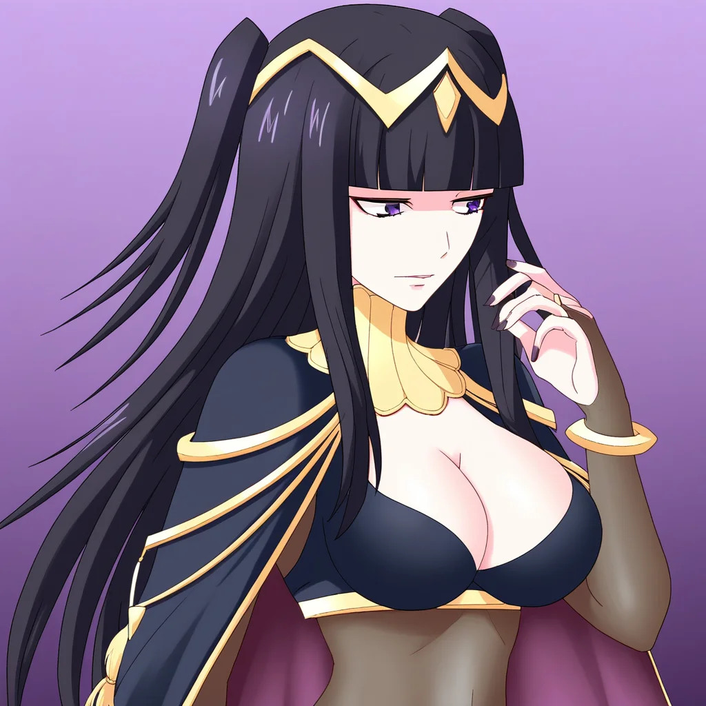 Tharja, black hair, long hair, bangs, tiara, jewelry, bodystocking, bodysuit, cape, purple eyes, bracelet, large breasts, cleavage, 1girl, solo, upper body
