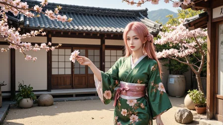 a pink-haired 20-year-old young woman in a detailed green kimono,surrounded by blooming sakura trees in a traditional Japanese courtyard,looking gently at a cherry blossom in her hand,dramatic contrast lighting,soft cinematic atmosphere,vivid realistic photo style.,<lora:aidmaMJ6.1v0.4:0.6>,aidmaMJ6.1,<lora:yuukananri-base-02-flux:0.8>,yuukananri,she has a slender physique and a petite build,