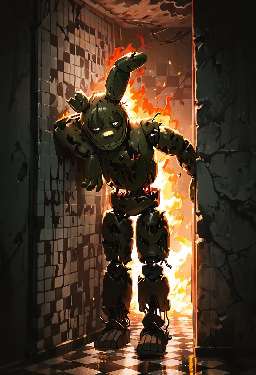 masterpiece, best quality, amazing quality, very aesthetic, absurdres, newest, detailed background, foreground blur, 
,springtrap, robot, teeth, rabbit ears, mechanical parts, animatronic, green skin, round head,  damaged, closed mouth, 
on fire, room on fire, leaning on wall, burning, checkered floors, blood, grey walls, checkered walls,