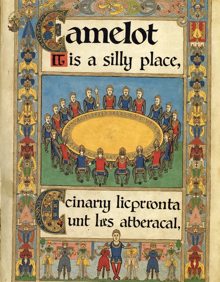 Page from a medieval illuminated manuscript, with a large illustration of the Round Table in the center of the page. (The title text is "Camelot, it is a silly place":1.45). The page is bordered by a dancing knight in armor and a line of jesters juggling hams, evoking the whimsical nature of the fabled court. The background is filled with tiny, tap-dancing knights and banners bearing the Camelot crest, all in the style of traditional manuscript illumination.