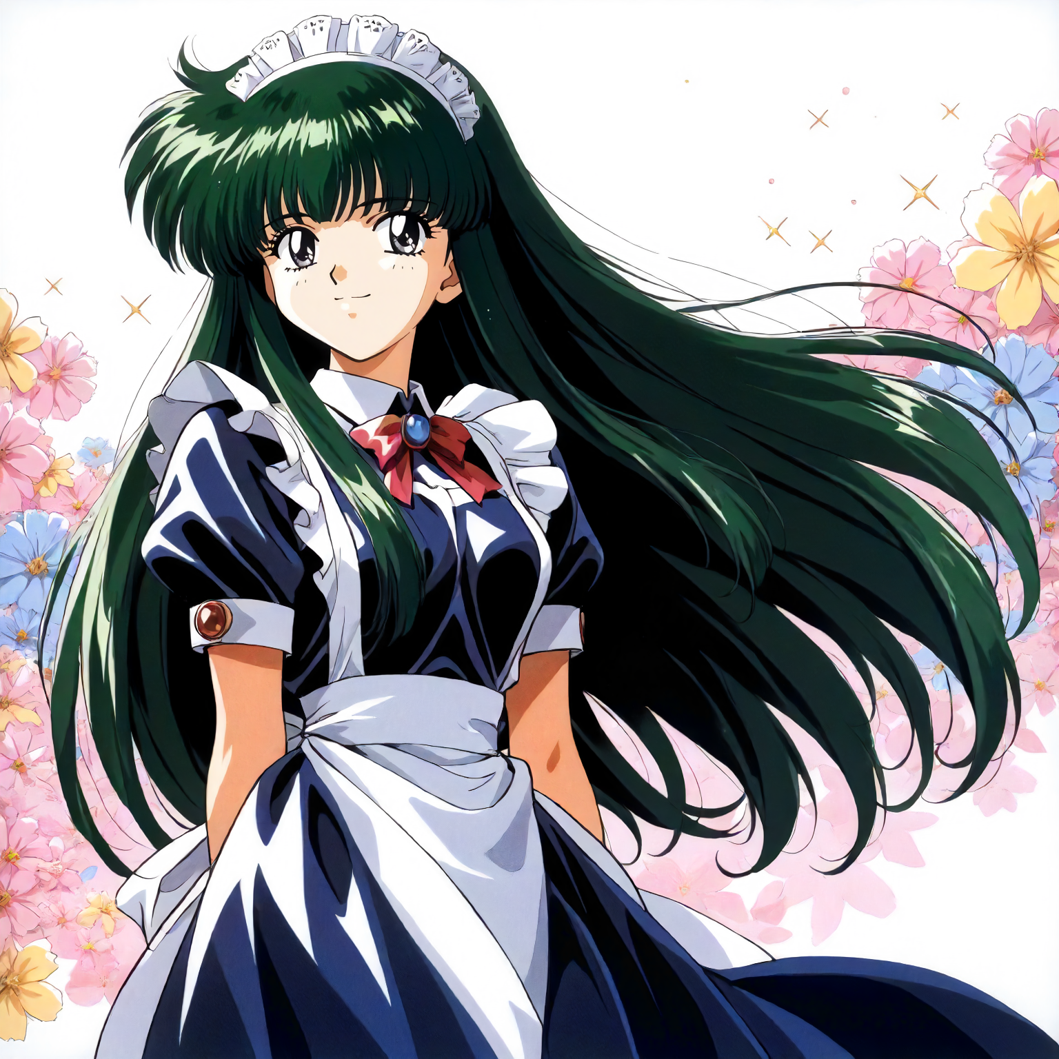 <lora:RC_masou_shizukaXLanimagine001:0.8>,
masterpiece,high score,great score,absurdres,
flower background,glitter,
smile,
looking at viewer,
solo,
anime coloring,retro artstyle,1990s (style),
masou_shizuka\(rance_series\),1girl,green hair,long hair,black grey eyes,
cowboy shot,standing,
maid,