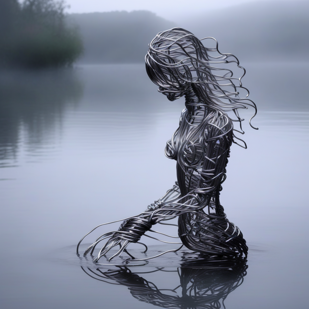 wirex wire sculpture girl immersed in water, dark fog in the background  <lora:wirex:0.8>