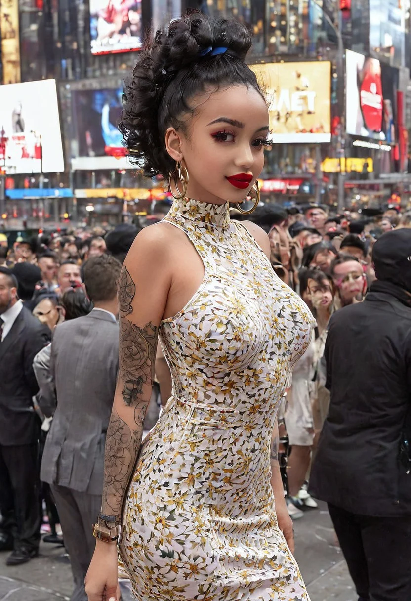 epiCRealism, (Full Body Photo shot), 22-year-old ebony woman, curly black hair, bright red lipstick, large fake eyelashes, black mascara, smiling, sensual, tattoos, large gold hoop earrings, wearing a short a white floral dress with thin straps and big cleavage, braless, hard nipples, walking sensual through Times Square, many other moviegoers in the background, ebony skin with detailed texture and (moles:0.2), (big hard nipples), (large flawless boobs), (big black areolas), (large erect stiff long nipples), colorful,, realistic, big areolas, giant boobs,