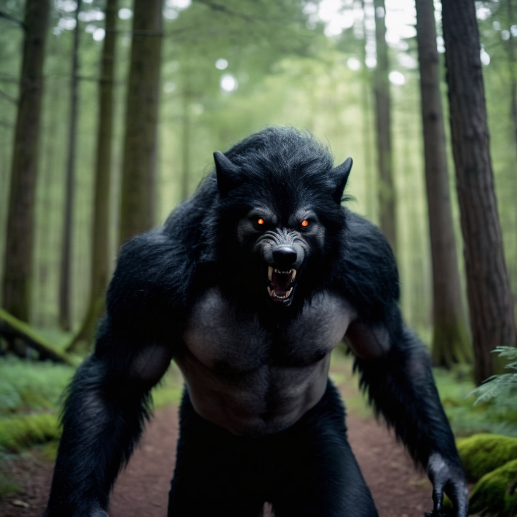 cinematic film still of  <lora:Werewolf style:1.2>
wide angle of a large black Werewolf walking through a forest while staring at camera Werewolf Style, shallow depth of field, vignette, highly detailed, high budget, bokeh, cinemascope, moody, epic, gorgeous, film grain, grainy