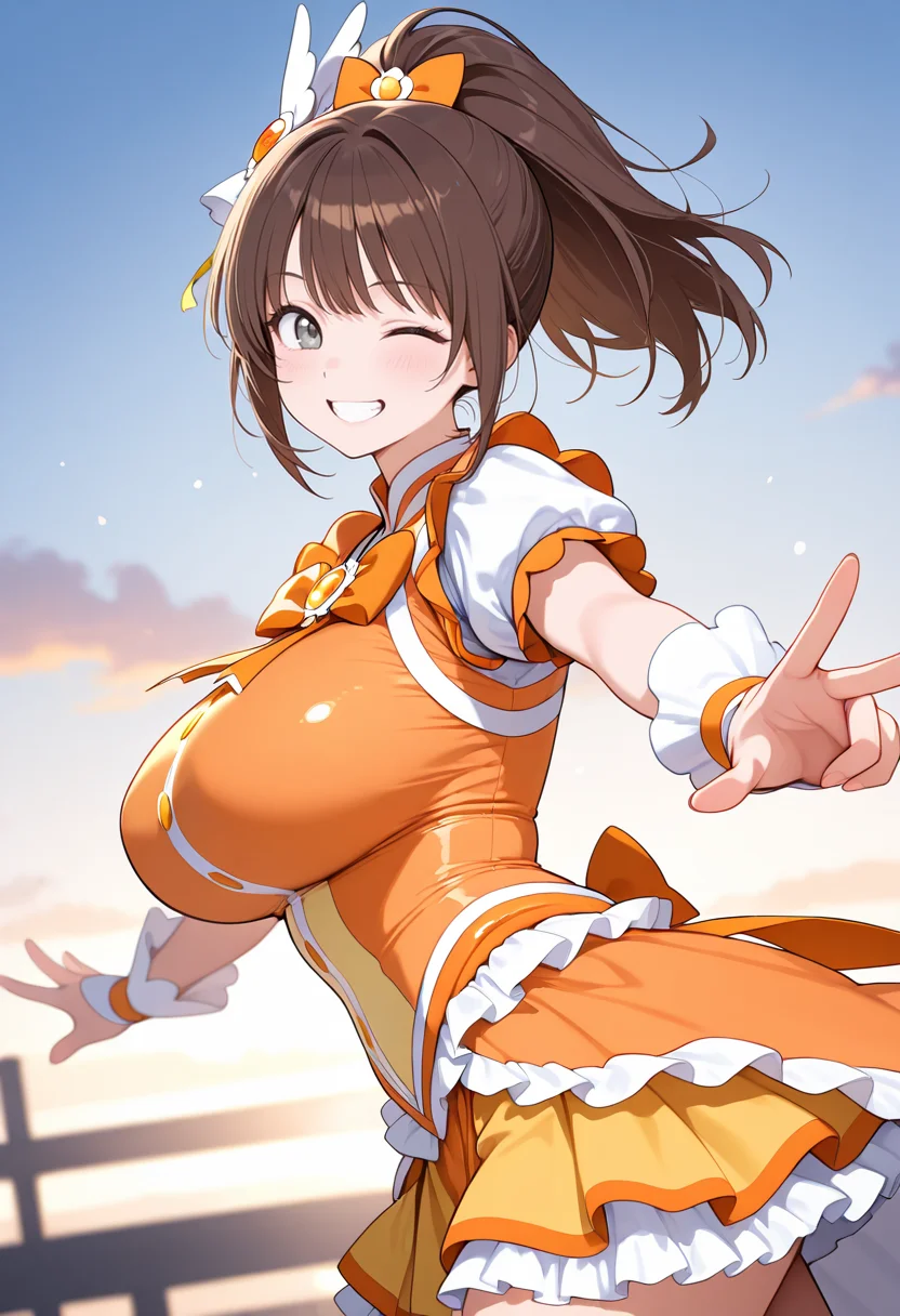 masterpiece,best quality,amazing quality, very aesthetic, ((outlined outlined vector graphics)), cute face, (glow eyes:0.5) , from side, looking at viewer ,beautiful scenery,
1girl,
20yo, brown hair, gray eyes, (large breast:1), (ponytail:1.1), medium hair,(curvy:1.1),bangs
,
orange clothes, (focus female), grin, happy, action pose, (clothed:1.1),
magical girl outfit, magical girl, frilles, happy, , wink , (kawaii) , hair ornament , <lora:magical-girl-outfit-il-20:0.8>