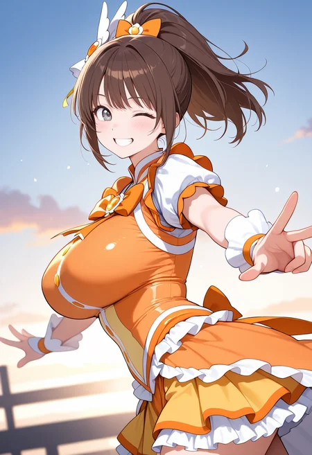 masterpiece,best quality,amazing quality, very aesthetic, ((outlined outlined vector graphics)), cute face, (glow eyes:0.5) , from side, looking at viewer ,beautiful scenery,
1girl,
20yo, brown hair, gray eyes, (large breast:1), (ponytail:1.1), medium hair,(curvy:1.1),bangs
,
orange clothes, (focus female), grin, happy, action pose, (clothed:1.1),
magical girl outfit, magical girl, frilles, happy, , wink , (kawaii) , hair ornament , <lora:magical-girl-outfit-il-20:0.8>