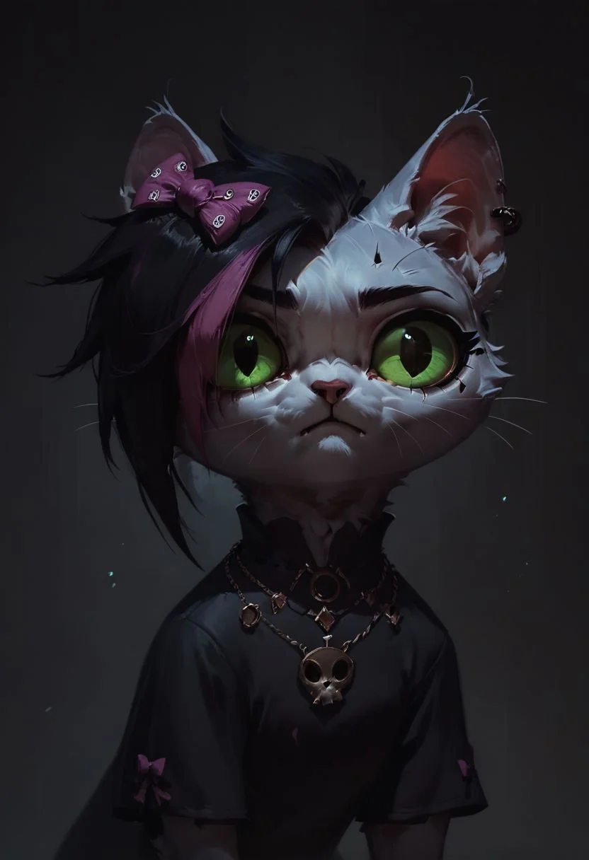 score_9, score_8_up, score_7_up, score_6_up,
digital art,
Mursday, 1girl, cat girl, white fur,
black dress, multicolored hair, green eyes, bow,
concept art, realistic, dark theme, low light