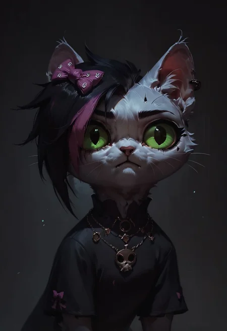 score_9, score_8_up, score_7_up, score_6_up,
digital art,
Mursday, 1girl, cat girl, white fur,
black dress, multicolored hair, green eyes, bow,
concept art, realistic, dark theme, low light