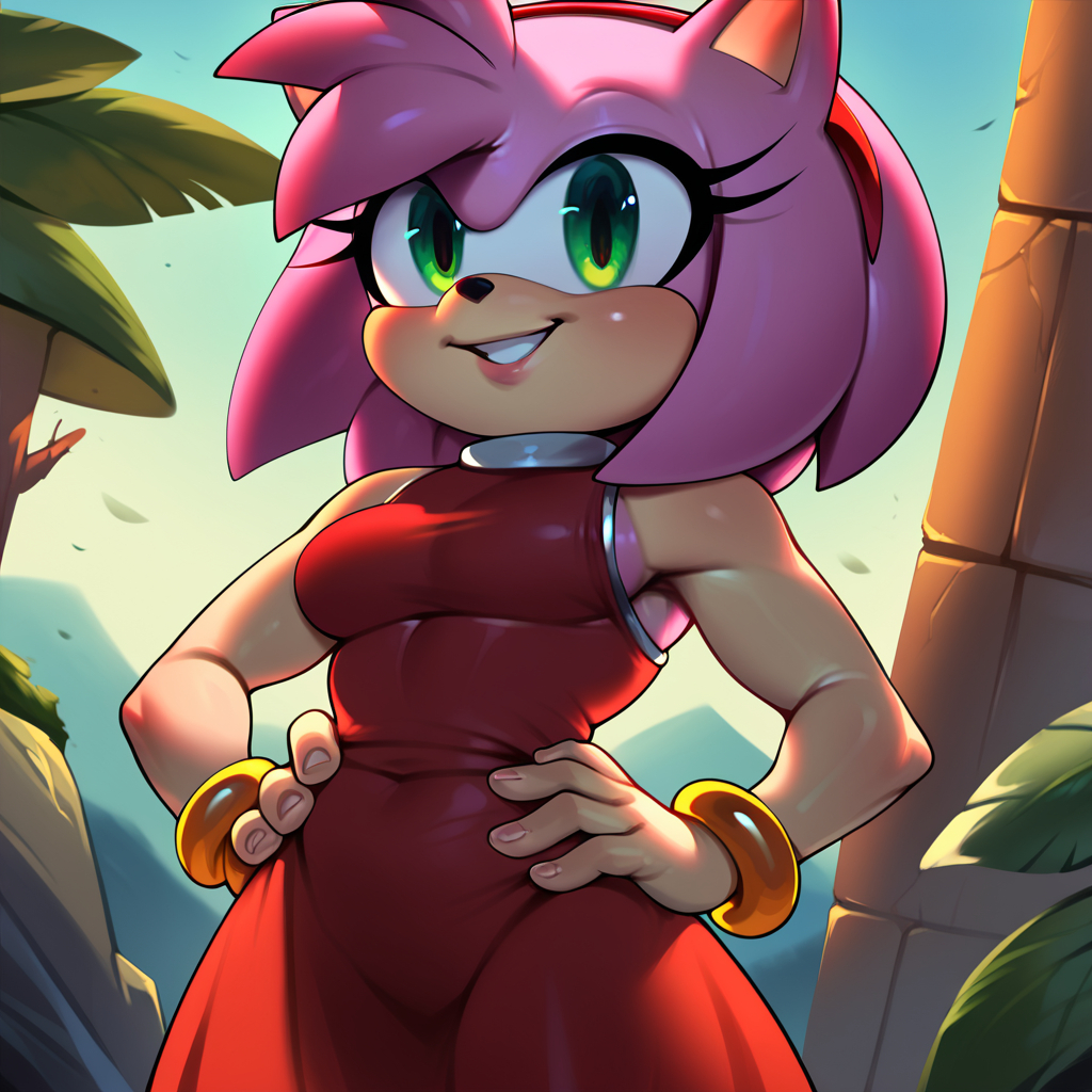 score_9, score_8_up, score_7_up, score_6_up, score_5_up, score_4_up, detailed eyes, colorful, absurdres, highres, <lora:Notboogie:1>, notboogie,
Amy_rose, red dress, plump, assertive female, gloss skin, medium breasts,
1 girl, standing, hands on waist,
cowboy shot, outdoors,