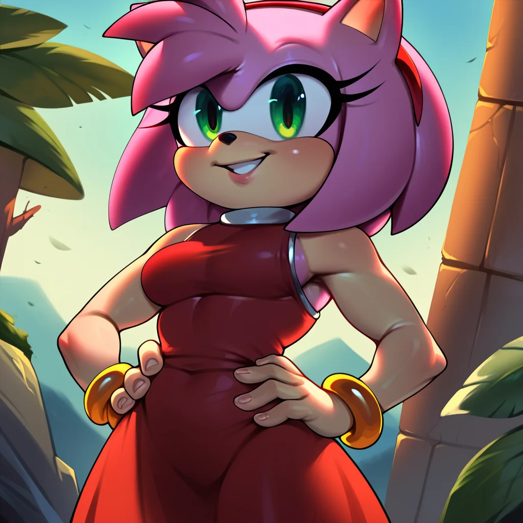 score_9, score_8_up, score_7_up, score_6_up, score_5_up, score_4_up, detailed eyes, colorful, absurdres, highres, <lora:Notboogie:1>, notboogie,
Amy_rose, red dress, plump, assertive female, gloss skin, medium breasts,
1 girl, standing, hands on waist,
cowboy shot, outdoors,