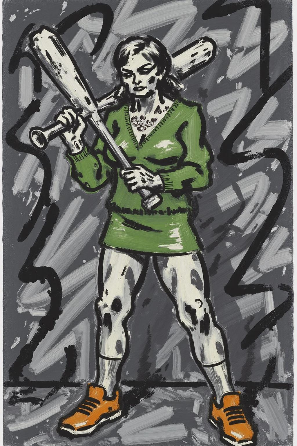 fraauer1 abstract painting. a monochromatic, abstract painting created with thick, bold brush strokes in shades of black and white on a dark gray background. 
 liquid splash, cartoonish juicy fruits chaos, dynamic pose, dynamic camera, a fashion shoot, an illustration of a woman threateningly holding a baseball bat in her hands, full body tattoo, wearing green short sweater, miniskirt, knee socks, orange sneakers, aggressive facial expression, wall with graffiti in the background, <lora:fraauer1_cap_d6a3:1.0><lora:811782801008574219:0>
