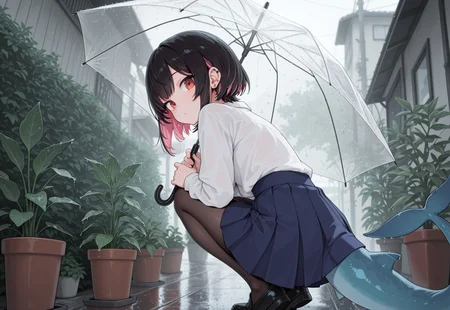 masterpiece, best quality, amazing quality, 1girl, transparent, transparent umbrella, skirt, solo, umbrella, tail, holding, red eyes, shirt, looking at viewer, holding umbrella, piercing, ear piercing, white shirt, blue skirt, multicolored hair, black hair, squatting, plant, pleated skirt, short hair, pink hair, colored inner hair, pantyhose, looking back, virtual youtuber, closed mouth, outdoors, potted plant, earrings, fish tail, jewelry, tonerostyle