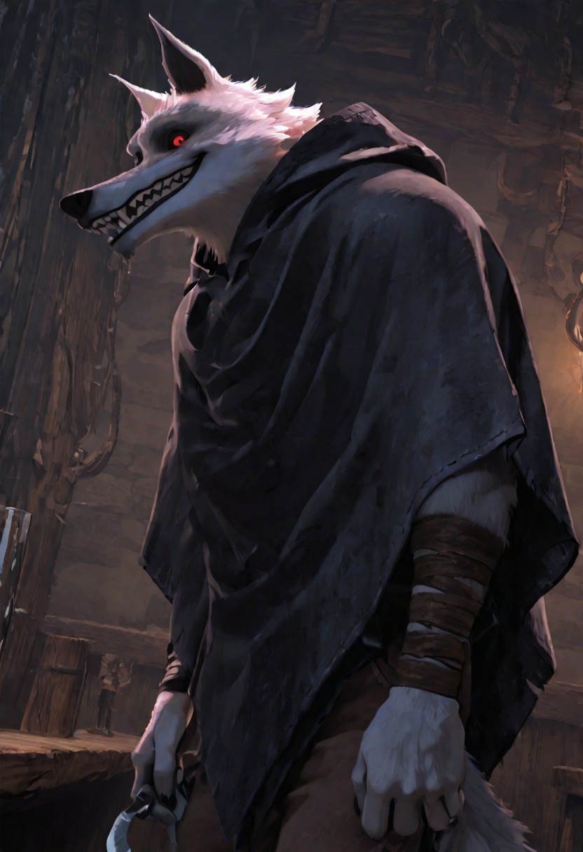 masterpiece, best quality, amazing quality, very aesthetic, absurdres, newest,  high quality, detailed, male, solo male, DeathWolf, 1boy, mature male, male, athletic build, anthro, wolf, white fur, animal ears, red eyes, black sclera, black cloak, bandages on arms, looking at viewer, grinning, indoors, bar (place), dual wield, dark theme, eye shine, standing, brown pants, holding sickles, hands down by sides, horror (theme)