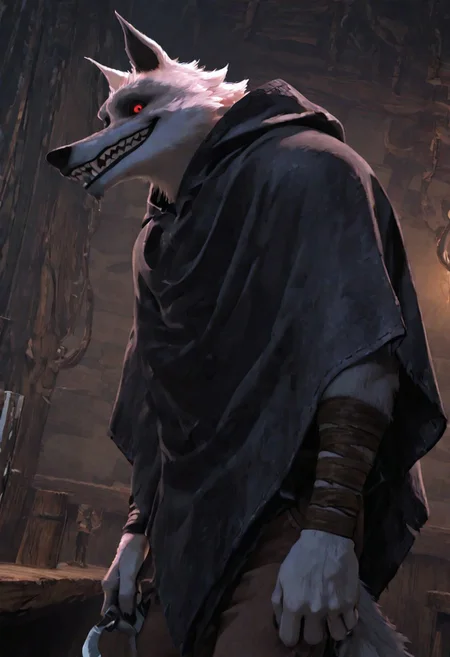 masterpiece, best quality, amazing quality, very aesthetic, absurdres, newest,  high quality, detailed, male, solo male, DeathWolf, 1boy, mature male, male, athletic build, anthro, wolf, white fur, animal ears, red eyes, black sclera, black cloak, bandages on arms, looking at viewer, grinning, indoors, bar (place), dual wield, dark theme, eye shine, standing, brown pants, holding sickles, hands down by sides, horror (theme)