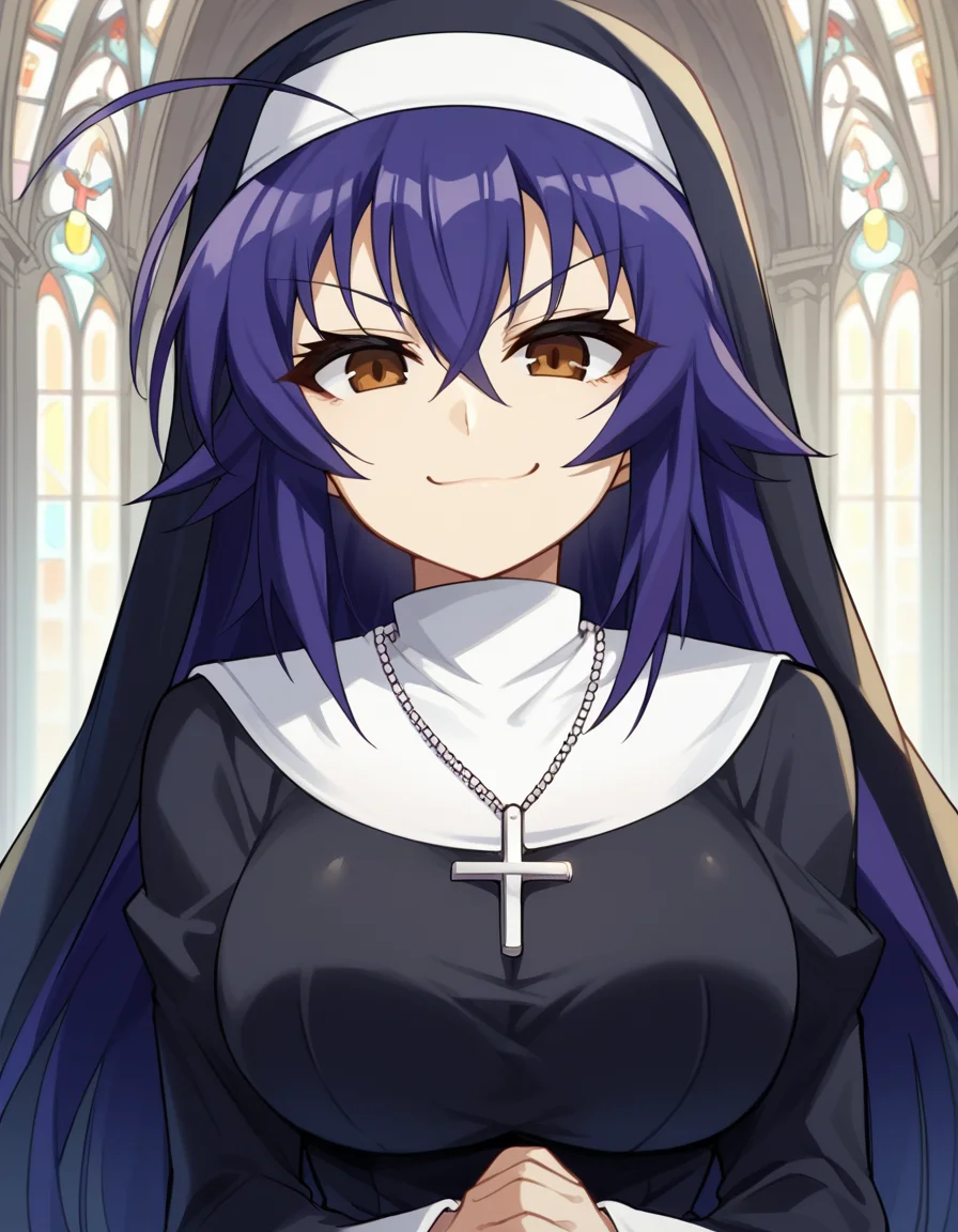 score_9, score_8_up, score_7_up, source_anime, <lora:medaka-kurokami-s2-ponyxl-lora-nochekaiser:1>, medaka kurokami, long hair, large breasts, blue hair, ahoge, brown eyes,, <lora:traditional-nun-ponyxl-lora-nochekaiser:1>, traditional nun, nun, habit, long sleeves, dress, black dress, jewelry, black veil, cross, cross necklace,, church, smug, praying,, , dutch angle, cowboy shot