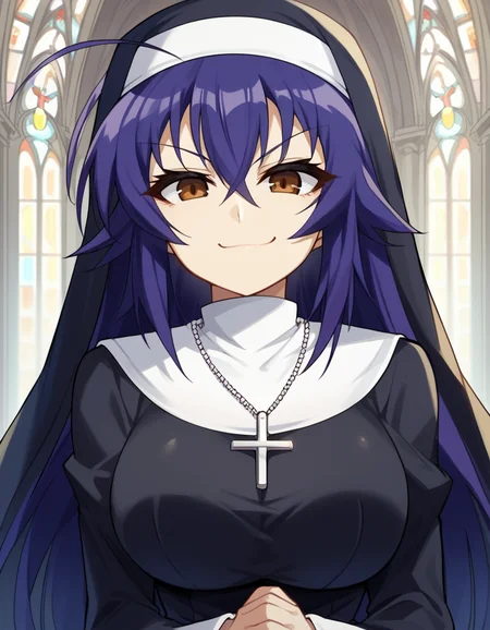 score_9, score_8_up, score_7_up, source_anime, <lora:medaka-kurokami-s2-ponyxl-lora-nochekaiser:1>, medaka kurokami, long hair, large breasts, blue hair, ahoge, brown eyes,, <lora:traditional-nun-ponyxl-lora-nochekaiser:1>, traditional nun, nun, habit, long sleeves, dress, black dress, jewelry, black veil, cross, cross necklace,, church, smug, praying,, , dutch angle, cowboy shot