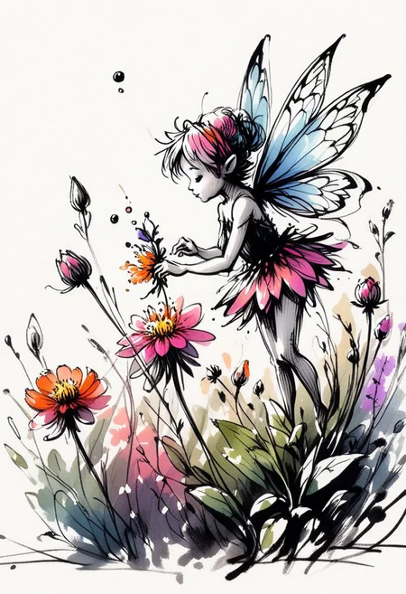 inksketch, A tiny fairy visiting a flower