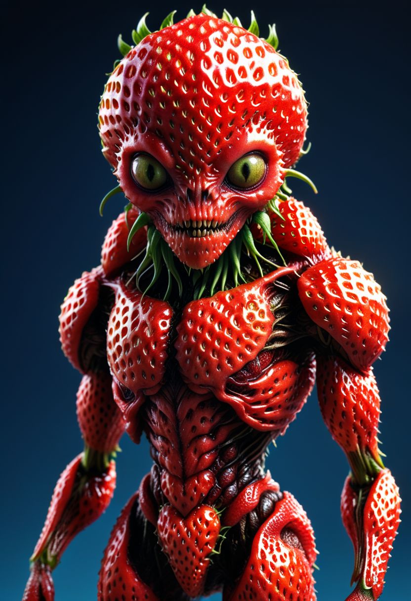 strwbrrxl, ((full body)), an otherworldly fantasy monstrous alien creaturecharacter textured by strawberry red skin, very detailed, 4k, masterpiece, morph, photo realistic, RAW photo, subject, 8k uhd,sharpened focus soft, lighting, high quality, The surface of the strawberry is dotted with numerous small seeds and has a bright red color, which is typical for ripe strawberries. hyper realistic and highly detailed, closeup portrait photo
 <lora:artialien:0.7> artialien