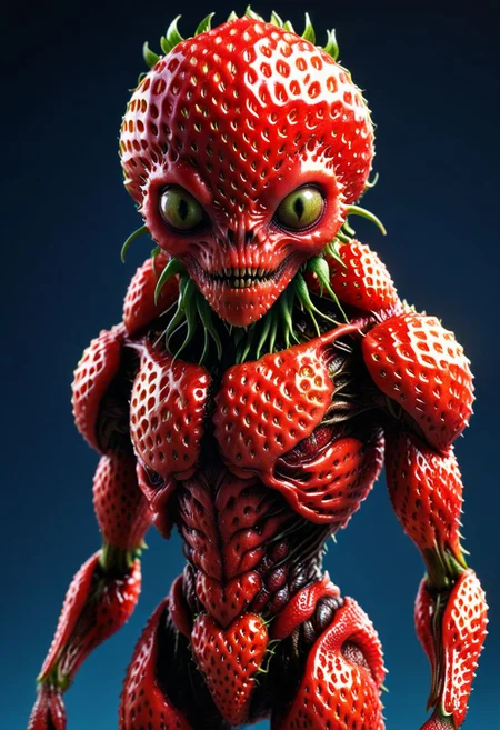 strwbrrxl, ((full body)), an otherworldly fantasy monstrous alien creaturecharacter textured by strawberry red skin, very detailed, 4k, masterpiece, morph, photo realistic, RAW photo, subject, 8k uhd,sharpened focus soft, lighting, high quality, The surface of the strawberry is dotted with numerous small seeds and has a bright red color, which is typical for ripe strawberries. hyper realistic and highly detailed, closeup portrait photo
<lora:artialien:0.7> artialien