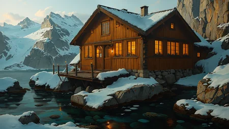 A Norwegian coastal cabin with panoramic fjord views, where cliffs plunge into icy waters,, Fluorescent Lighting,, fantasy, intricate, elegant, highly detailed, lifelike, photorealistic, digital painting, bokeh, HDR, high resolution, artstation, concept art, smooth, sharp, focus, art by krenz cushart and ilya kuvshinov and kehinde <lora:MJ52:0.8> <lora:EnvyFeverDreamXL01a:0.7> <lora:The_Classic:0.8>