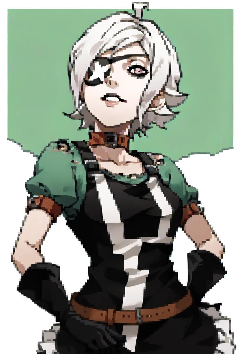 score_9, score_8_up, score_7_up, source_anime, 1girl, parted lips, looking at viewer, <lora:P2-Protraits-pdxl_Fp:1> portrait, simple background, <lora:TataraSH2-pdxl:1> tara, white hair, short hair, ahoge, lavender eyes, eyepatch, collar, black pinafore dress, medium breasts, green shirt, puffy short sleeves, black gloves, brown belt, frills