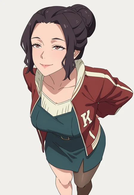 Smooth Quality,masterpiece,very intricate, high quality details, ultra realistic, high detailed skin,detailed enviorement,absurdres,
simple background, white background,
standing, arms behind back, looking up, calm expression, relaxed posture, ,dynamic angle,naughty face,
<lora:Blumund_Queen_cnn:0.7>blumundqueencnn,1girl, black hair, hair bun,mature female,
baseball jacket, ,pinafore top, ,single leg pantyhose, ,