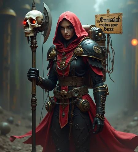 Long Shot of a tech-priest in a grimdark futuristic setting, wearing a red hooded robe adorned with skull symbols and mechanical gear, she has one robotic arm. She wields a large techno-axe with an industrial design, incorporating cogwheels and spikes. Her armor is black and gold, adorned with gothic elements such as skulls and purity seals. Her right eye is replaced by a cybernetic monocle, connected by cables to her mechanical backpack. A floating skull with glowing red eyes hovers beside her carrying a sign which reads in block print "The Omnissiah requires your Buzz", The overall mood is dark, mechanical, and gothic, with intricate machinery details and a powerful, stoic expressionp, cinematic, global illumination, dramatic, tearing the sky, atmospheric haze, cinematic composition, soft shadows, vaporous swirls,amazing quality, masterpiece, best quality, hyper detailed, ultra detailed, UHD, perfect anatomy, hyper-realism, majestic, awesome, inspiring