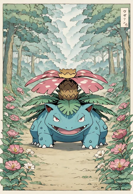 pokemon (creature), venusaur, style, thick lines, outline, pokemon (creature), no humans, flower, outdoors, tree, fangs, nature, umbrella, open mouth, day