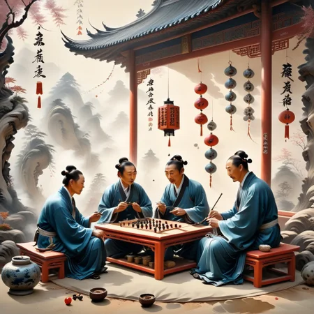 Sinoink, ral-frctlgmtry, Two players play go, they are playing outside of a tea house while enjoying a pipe of tobacco, paper lanterns and streamers decorate the outside of the Tea House
