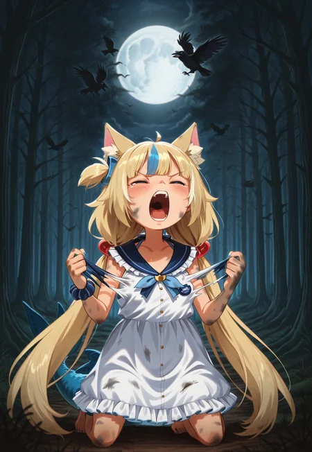 masterpiece, best quality, (magowasabi, khyle.:0.6),

h0wling, closed eyes, teeth  torn clothes, dirty, tearing clothes,  straight-on, kneeling, open mouth, screaming, shouting,  forest, nature, outdoors, night, full moon, moon, sky, tree, bird, crow,

1girl, blue eyes, blonde hair, blue hair, very long hair, streaked hair, ahoge, blunt bangs, low twintails, one side up, hair ornament, blush, cat ears, animal ear fluff, sailor dress, white dress, blue sailor collar, badge, single wrist scrunchie, blue nails, fish tail,