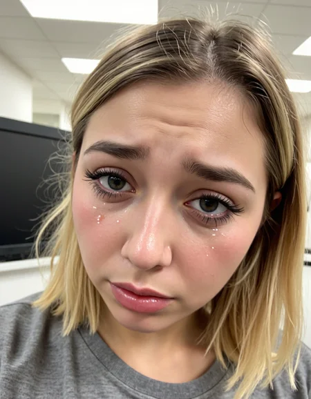 Close-up of a beautiful young woman with shoulder-length blonde hair and bright makeup. She has black mascara on her eyelashes and (is crying, with tears streaming down her cheeks:1.2), smudging the mascara on her face. The setting is an office.