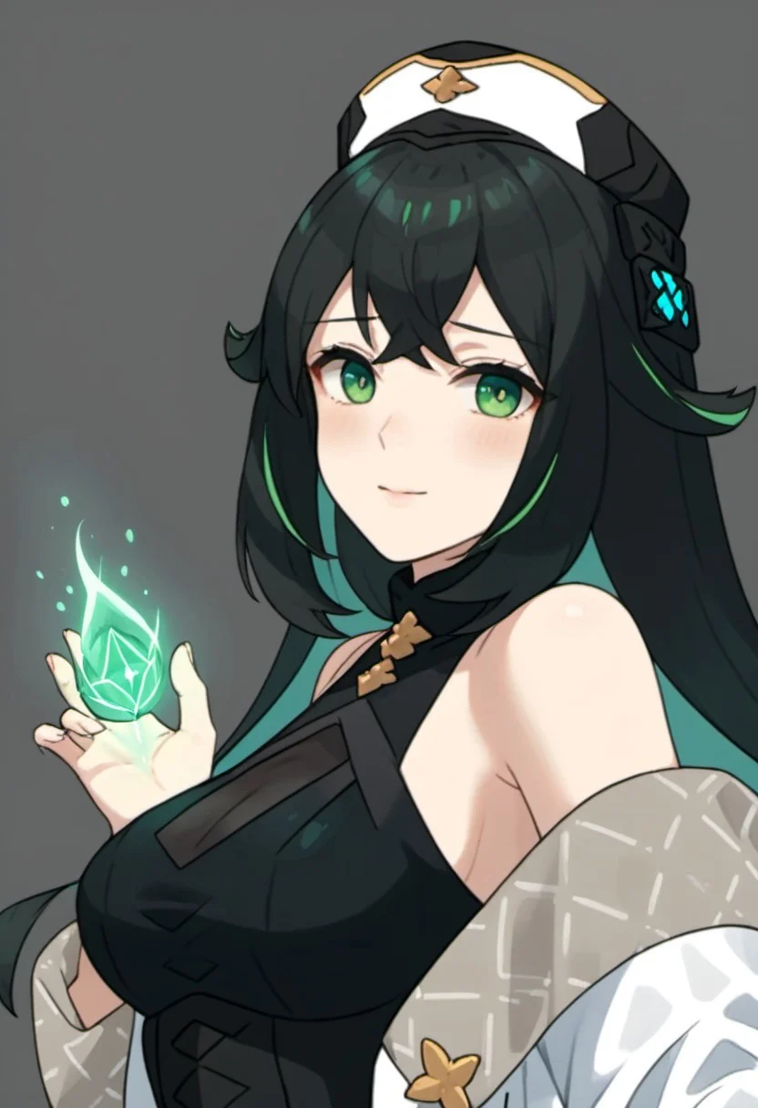 Source_anime, absurdres, 4k quality, 1girl, solo, philia_wf, pwf_meteor, black hair, green highlights, green eyes, hat, black dress, coat, bare shoulders, portrait, studio quality, detailed, good hands, good eyes, sultry, aroused, blushing