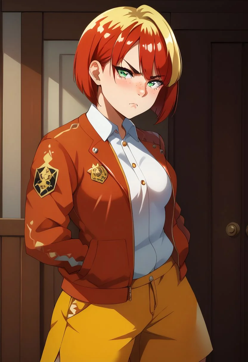 score_9, score_8_up, score_7_up, source anime, anime, animification,(hara_(harayutaka):0.6), shiny skin, skindentation, deep skin, high quality, highres, 1girl, solo, curvy, petite, small breasts, red hair, yellow hair, two-tone hair, short hair, bobcut, green eyes, Face freckles, pout, tsundere, red jacket, open jacket, white shirt, yellow shorts,