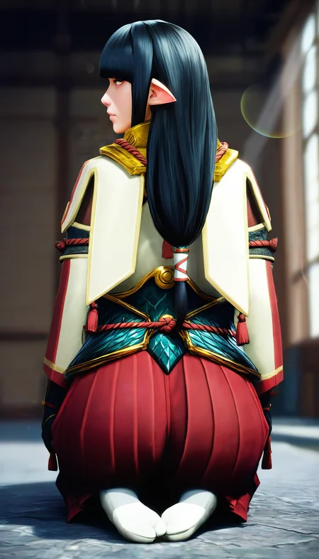 masterpiece,best quality,amazing quality,
<lora:mhminotoNAI:1>,mhminoto,realistic,
1girl,solo,black hair,long hair,blunt bangs,no hair ornament,yellow eyes,red and white short cape,white robe top,green waist armor,red hakama pants,black gloves,
white tabi,no shoes,(looking at viewer:1.1),seiza,back view,
indoors,wooden indoors,lens flare,blurry background,depth of field,